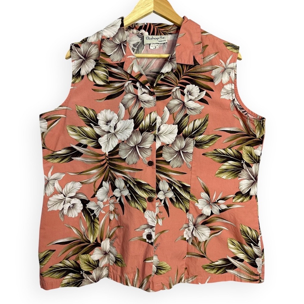 Bishop St Apparel Womens 2XL Hawaiian Floral Sleeveless Button Down Shirt Coral
